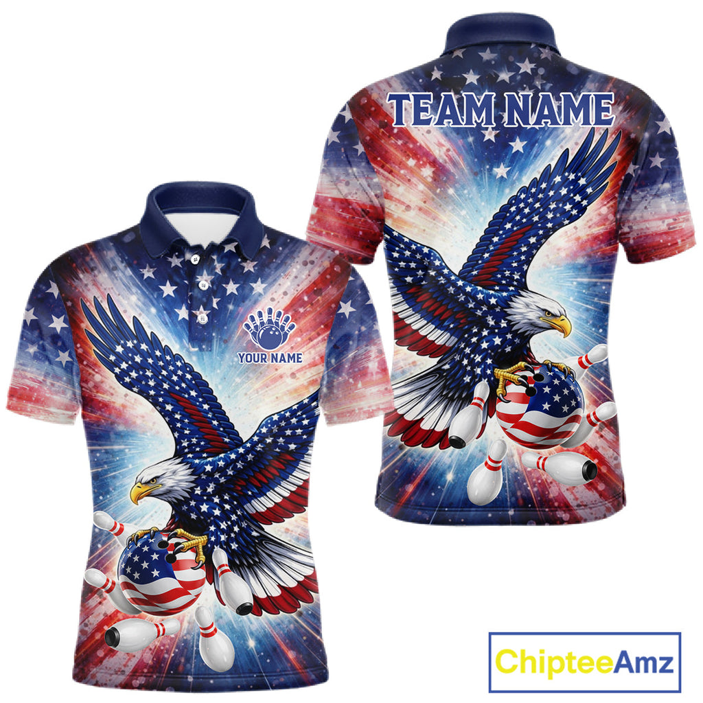 American Flag Eagle Bowling Polo & 1/4 Zip Shirts Custom Patriotic Bowling Team Jersey