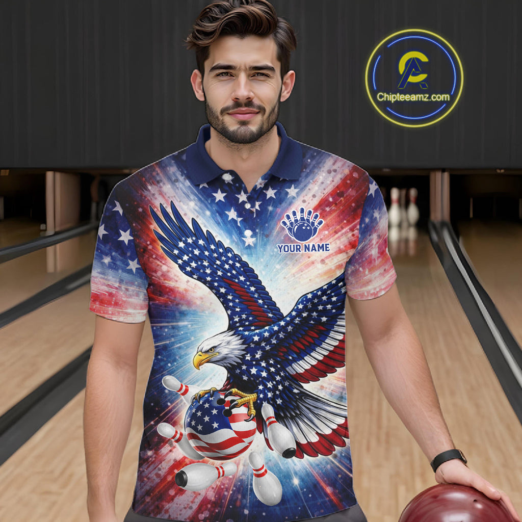 American Flag Eagle Bowling Polo & 1/4 Zip Shirts Custom Patriotic Bowling Team Jersey