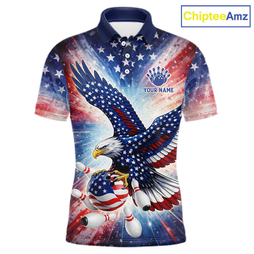 American Flag Eagle Bowling Polo & 1/4 Zip Shirts Custom Patriotic Bowling Team Jersey