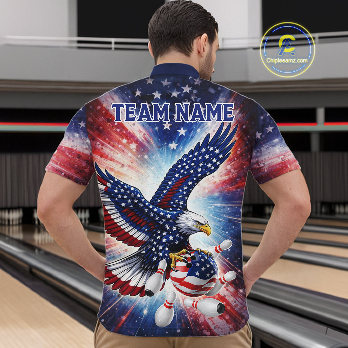 American Flag Eagle Bowling Polo & 1/4 Zip Shirts Custom Patriotic Bowling Team Jersey