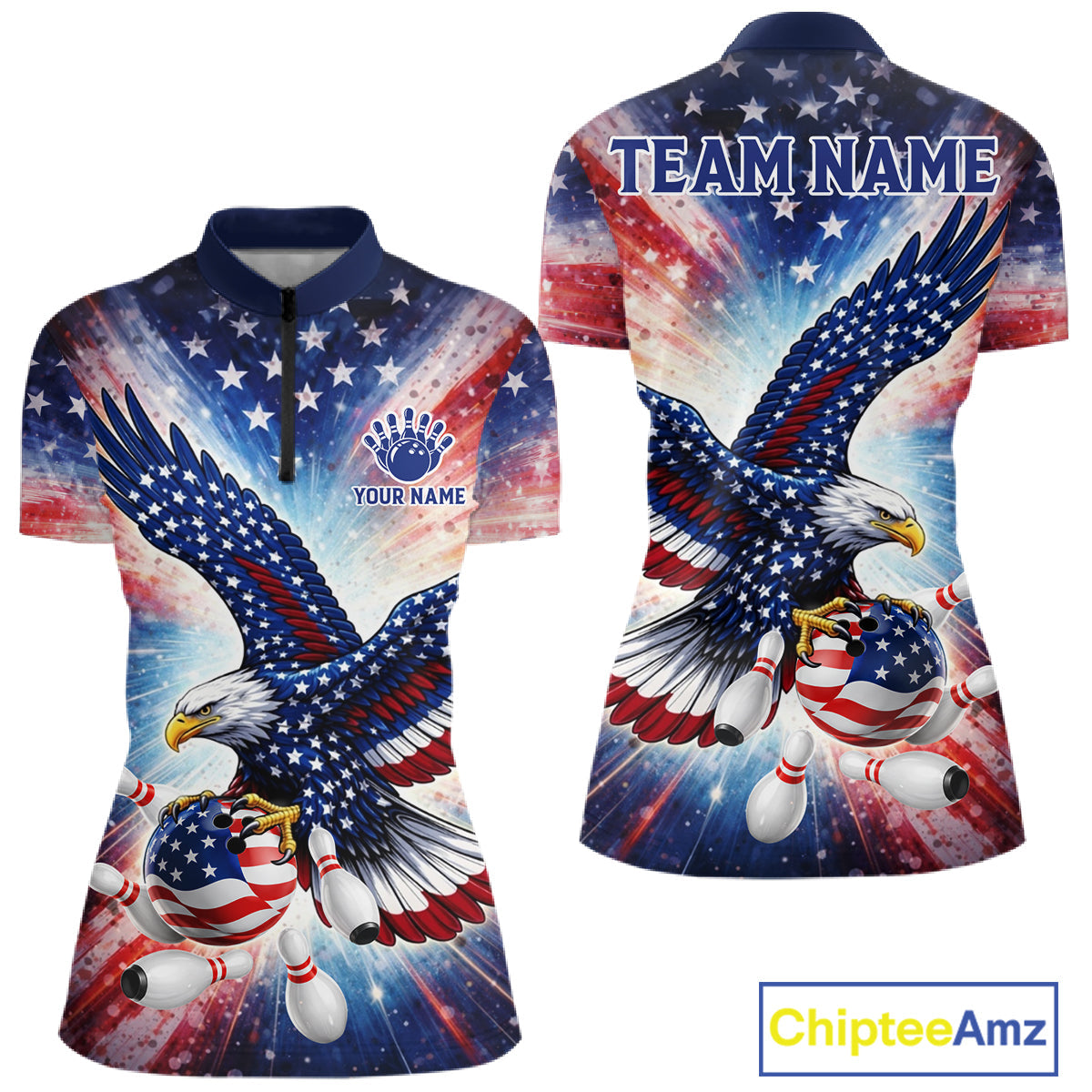 American Flag Eagle Bowling Polo & 1/4 Zip Shirts Custom Patriotic Bowling Team Jersey
