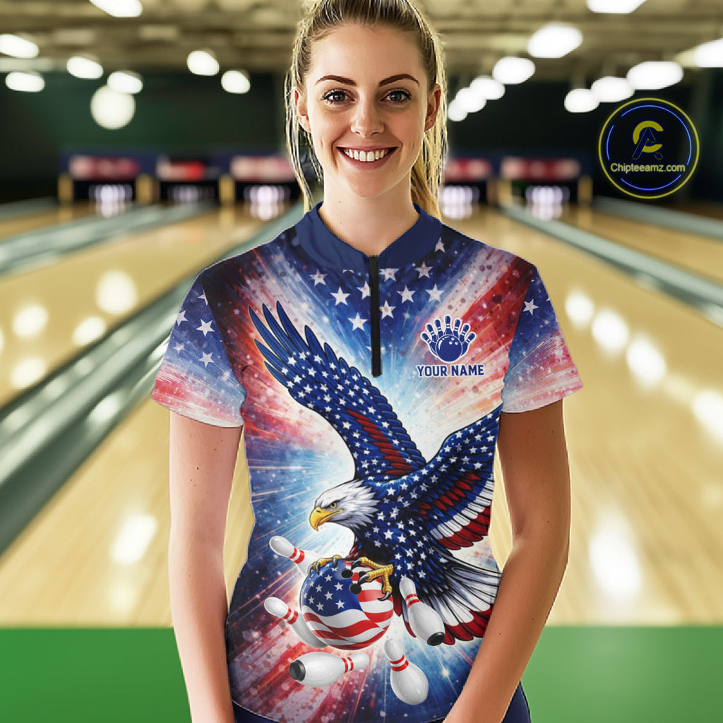 American Flag Eagle Bowling Polo & 1/4 Zip Shirts Custom Patriotic Bowling Team Jersey