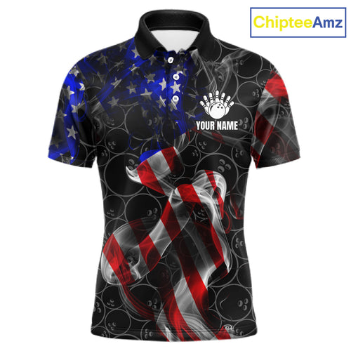 Custom American Flag Smoke Bowling Shirt, Patriotic Team Bowling Jersey Polo & 1/4 Zip