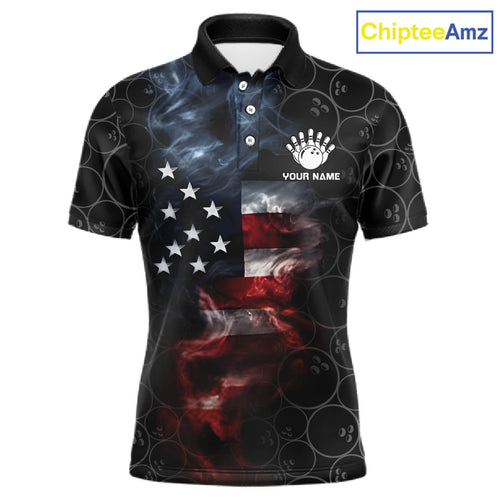 Custom American Flag Smoke Bowling Shirt, Patriotic Bowling Jersey Team Polo & 1/4 Zip