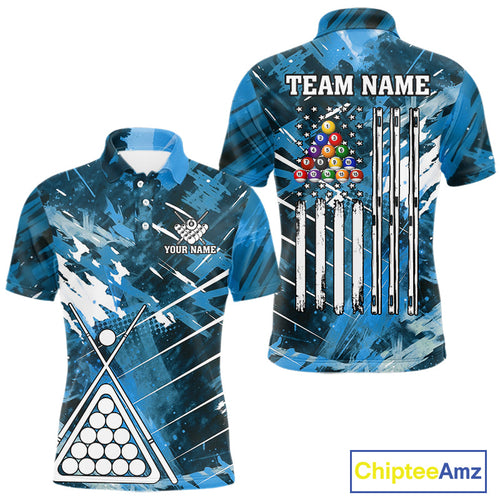 Blue Grunge US Flag Billiard Shirt Custom 8 Ball Pool Team Shirt, Funny Billiard Jersey