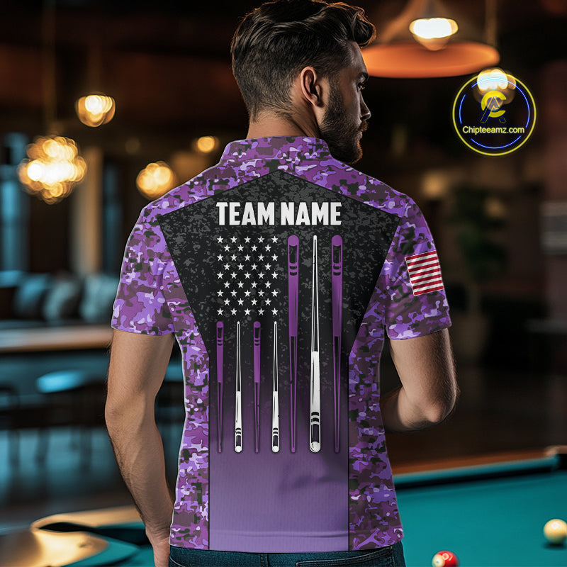 Custom Purple Camo US Flag 8 Ball Pool Shirt, Billiard Team Jersey Polo & 1/4 Zip