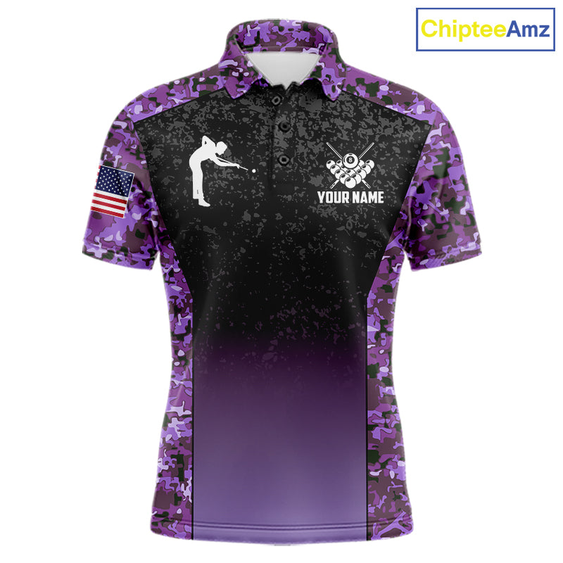 Custom Purple Camo US Flag 8 Ball Pool Shirt, Billiard Team Jersey Polo & 1/4 Zip