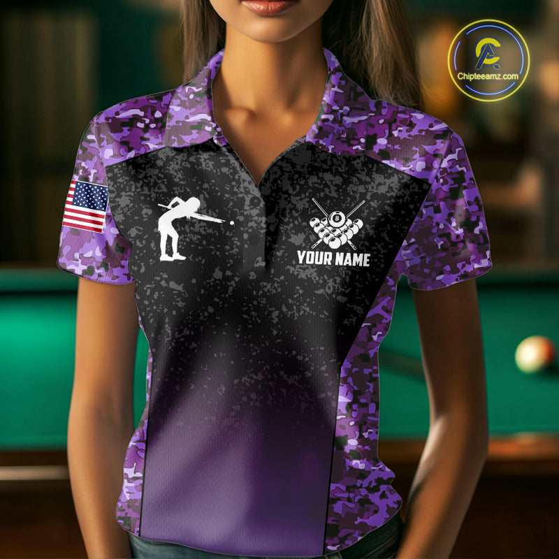 Custom Purple Camo US Flag 8 Ball Pool Shirt, Billiard Team Jersey Polo & 1/4 Zip