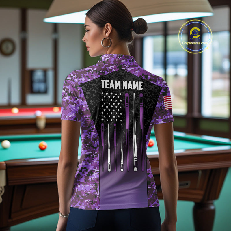 Custom Purple Camo US Flag 8 Ball Pool Shirt, Billiard Team Jersey Polo & 1/4 Zip