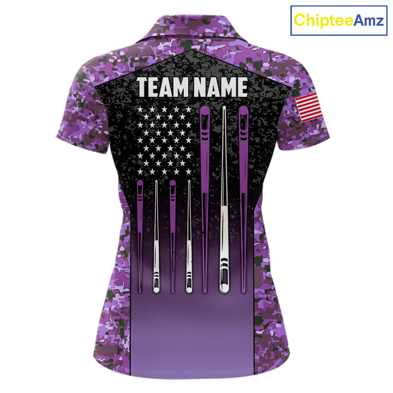 Custom Purple Camo US Flag 8 Ball Pool Shirt, Billiard Team Jersey Polo & 1/4 Zip