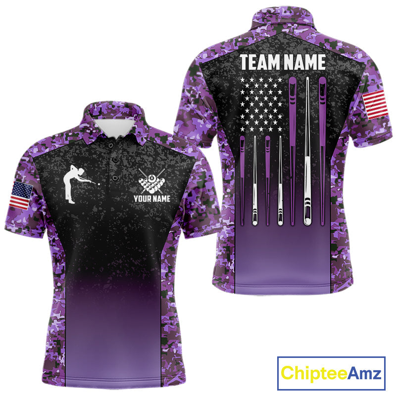 Custom Purple Camo US Flag 8 Ball Pool Shirt, Billiard Team Jersey Polo & 1/4 Zip