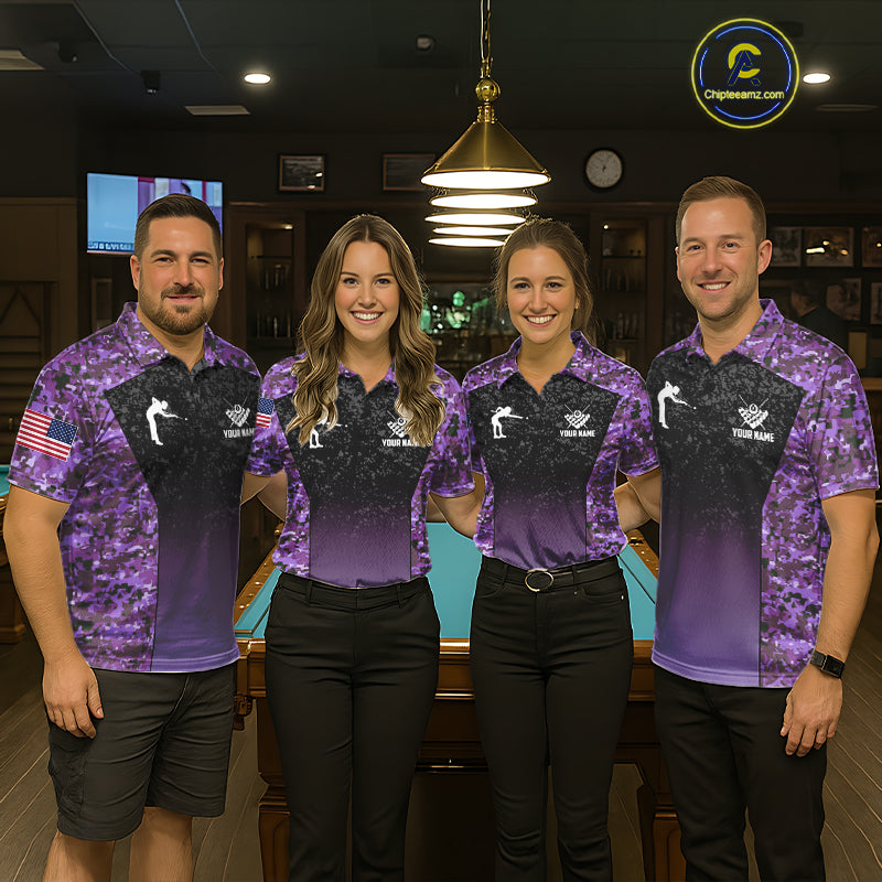 Custom Purple Camo US Flag 8 Ball Pool Shirt, Billiard Team Jersey Polo & 1/4 Zip