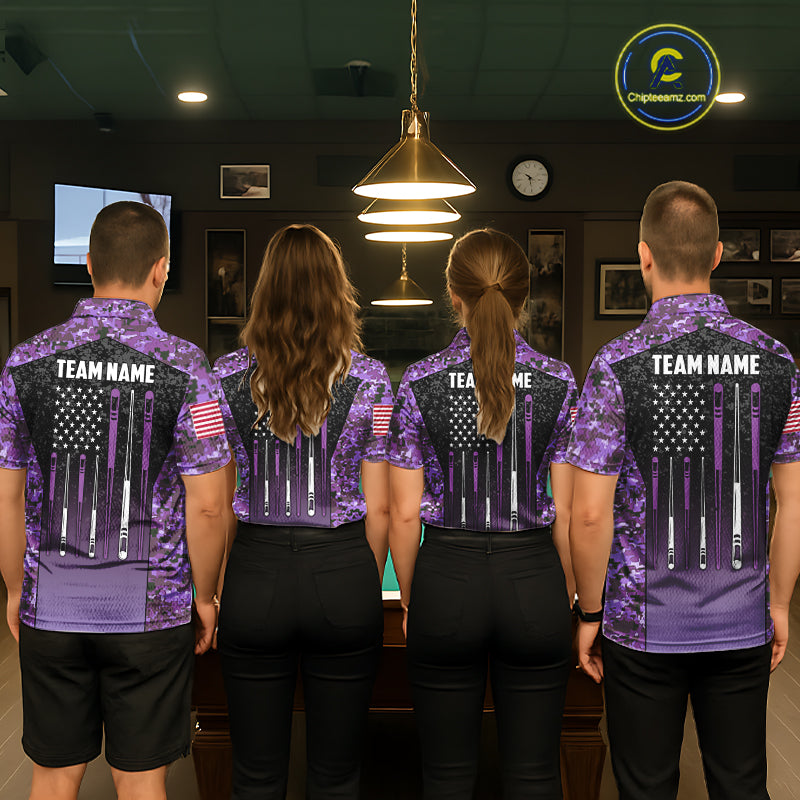 Custom Purple Camo US Flag 8 Ball Pool Shirt, Billiard Team Jersey Polo & 1/4 Zip