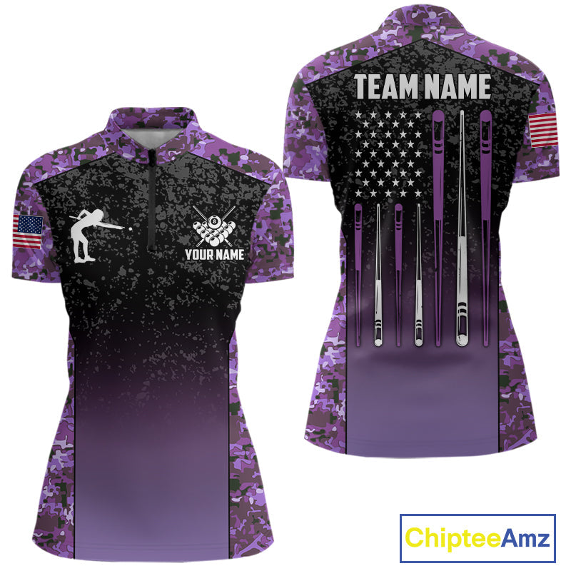 Custom Purple Camo US Flag 8 Ball Pool Shirt, Billiard Team Jersey Polo & 1/4 Zip