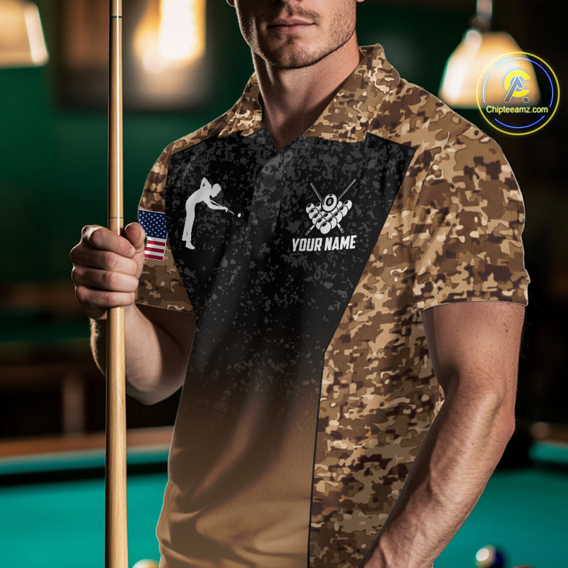 Custom Brown Camo US Flag 8 Ball Pool Shirt, Billiard Team Jersey Polo & 1/4 Zip