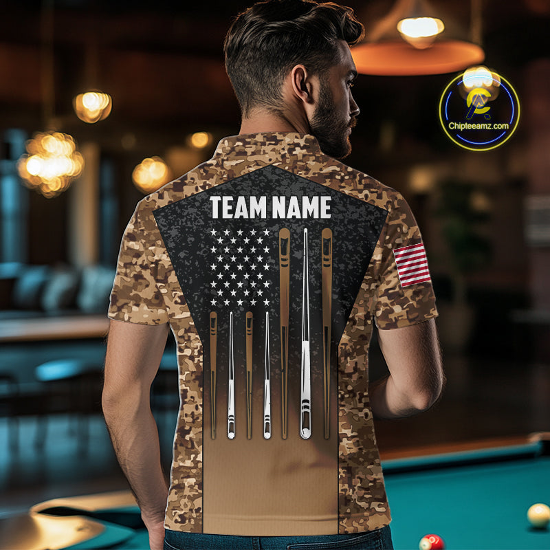 Custom Brown Camo US Flag 8 Ball Pool Shirt, Billiard Team Jersey Polo & 1/4 Zip