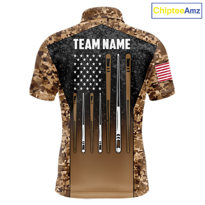 Custom Brown Camo US Flag 8 Ball Pool Shirt, Billiard Team Jersey Polo & 1/4 Zip