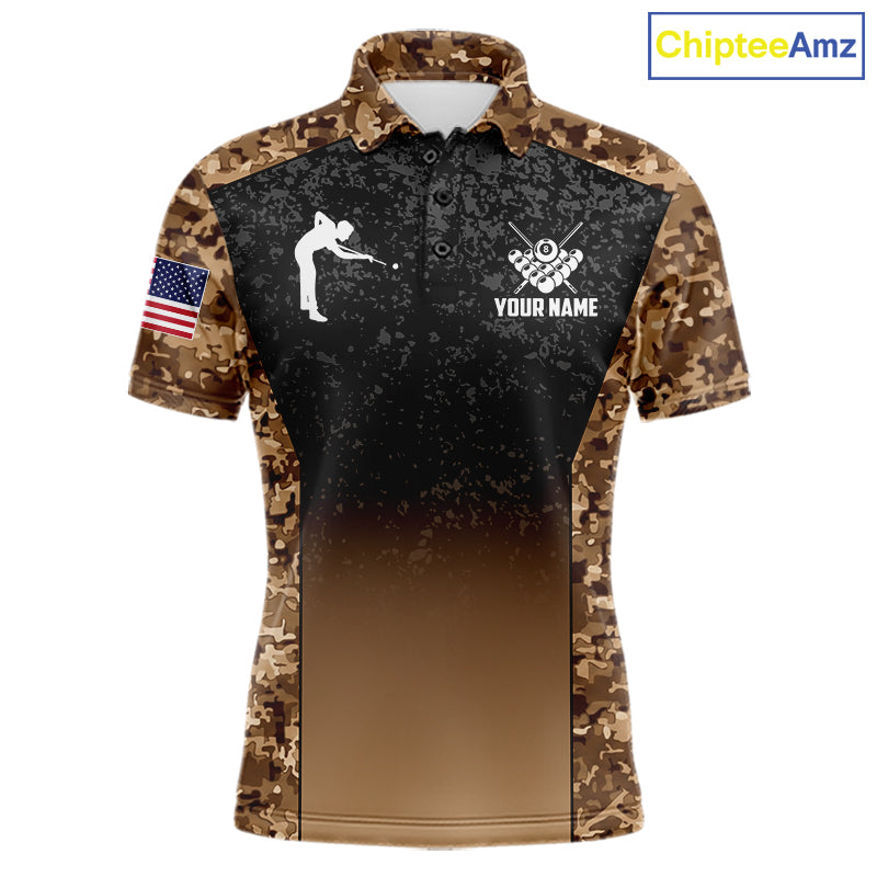 Custom Brown Camo US Flag 8 Ball Pool Shirt, Billiard Team Jersey Polo & 1/4 Zip