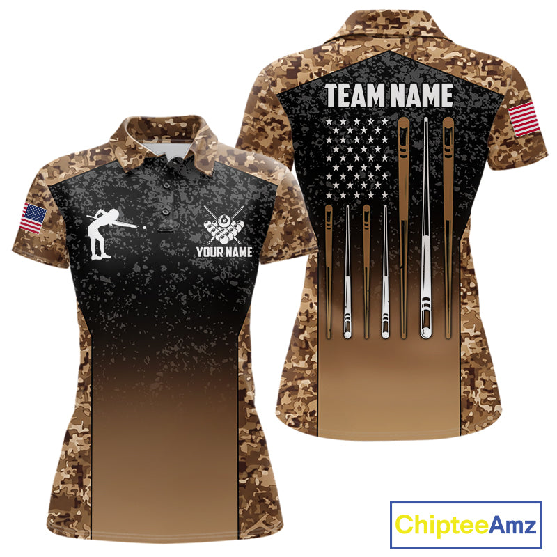 Custom Brown Camo US Flag 8 Ball Pool Shirt, Billiard Team Jersey Polo & 1/4 Zip