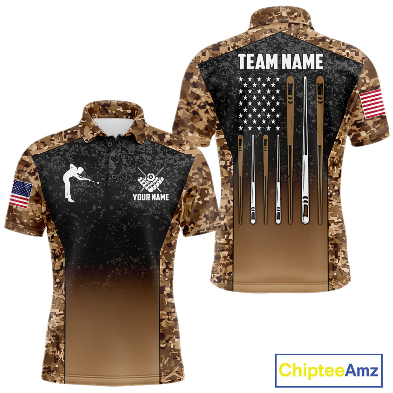 Custom Brown Camo US Flag 8 Ball Pool Shirt, Billiard Team Jersey Polo & 1/4 Zip