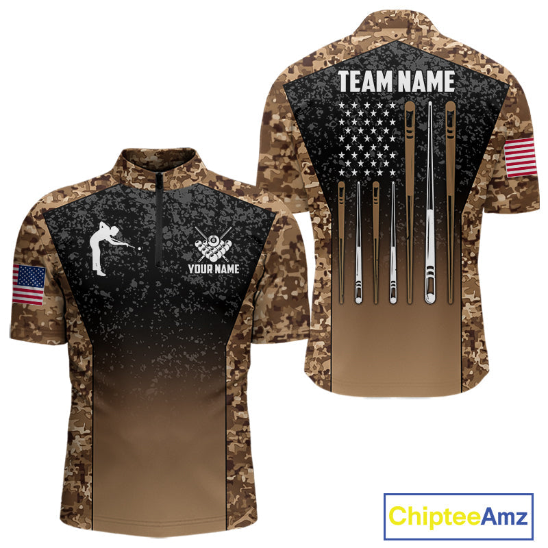Custom Brown Camo US Flag 8 Ball Pool Shirt, Billiard Team Jersey Polo & 1/4 Zip