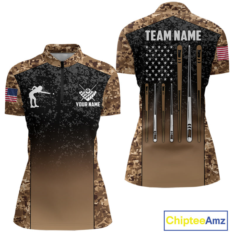 Custom Brown Camo US Flag 8 Ball Pool Shirt, Billiard Team Jersey Polo & 1/4 Zip