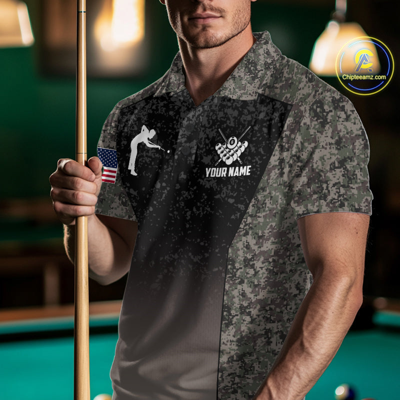 Custom Vintage Camo US Flag 8 Ball Pool Shirt, Billiard Team Jersey Polo & 1/4 Zip