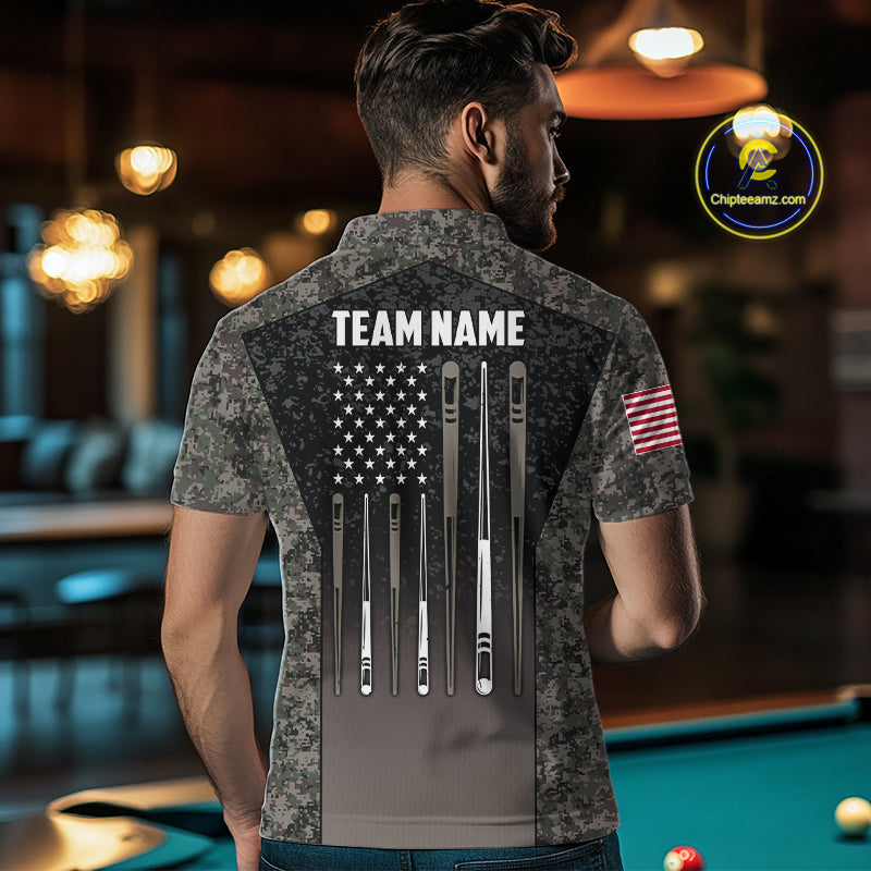 Custom Vintage Camo US Flag 8 Ball Pool Shirt, Billiard Team Jersey Polo & 1/4 Zip