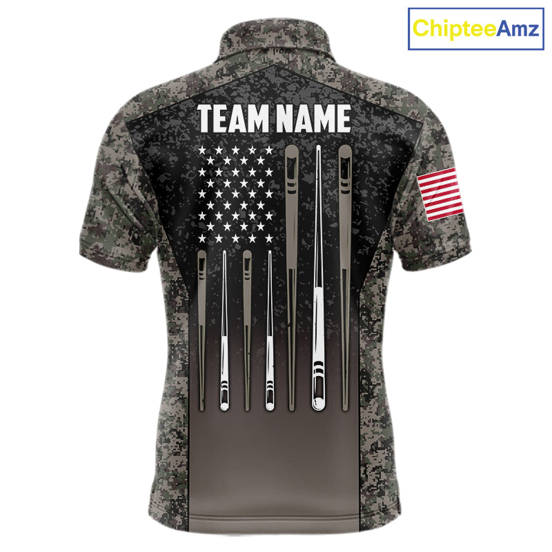 Custom Vintage Camo US Flag 8 Ball Pool Shirt, Billiard Team Jersey Polo & 1/4 Zip