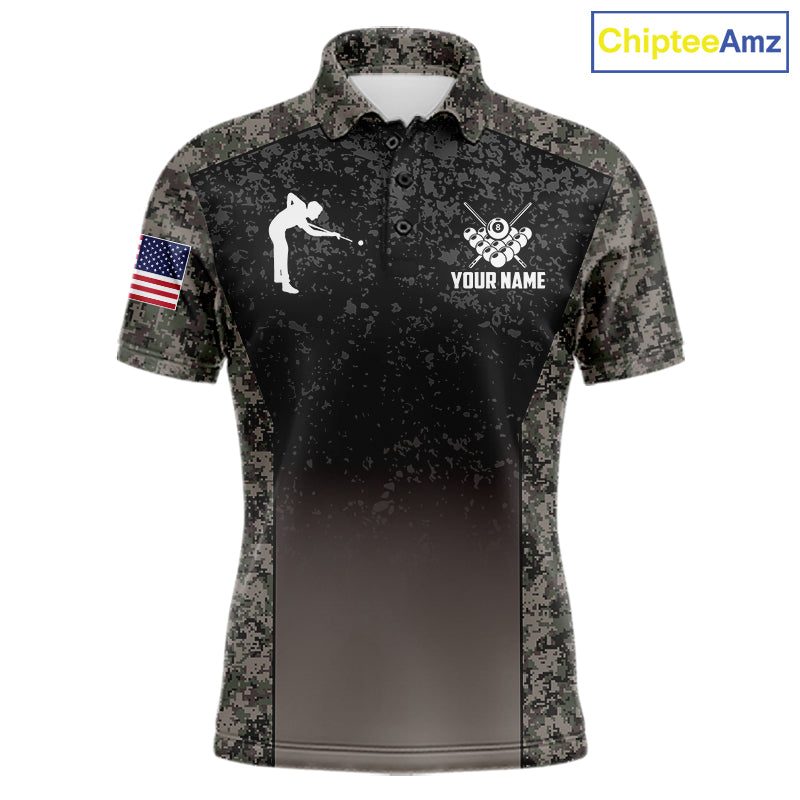Custom Vintage Camo US Flag 8 Ball Pool Shirt, Billiard Team Jersey Polo & 1/4 Zip