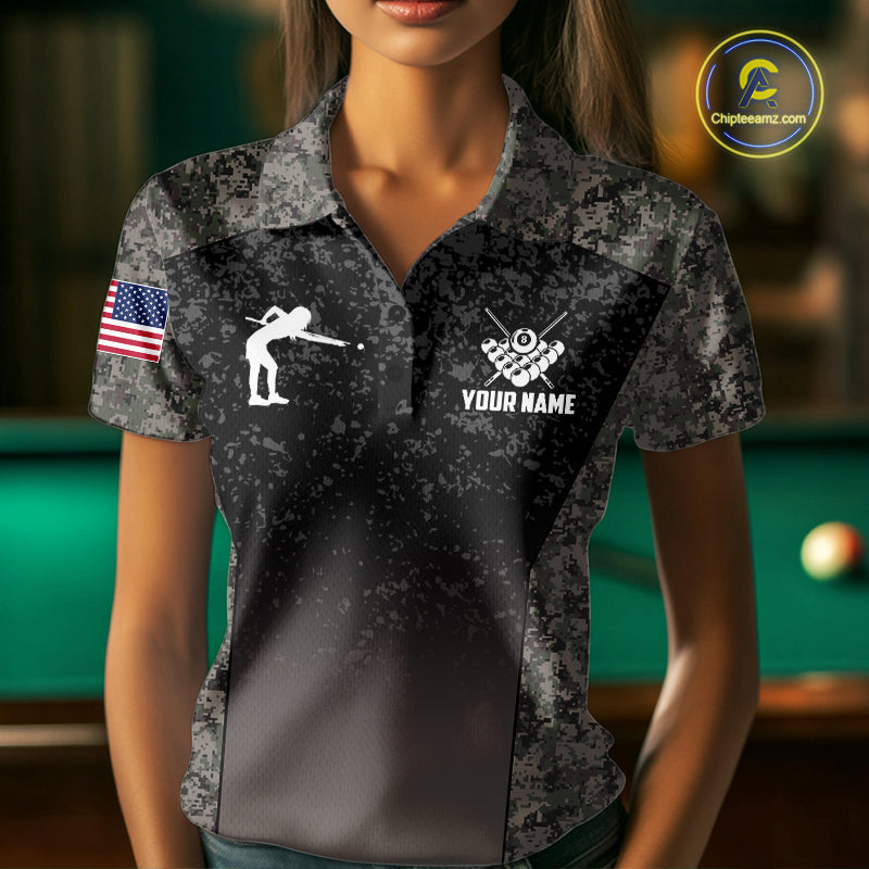 Custom Vintage Camo US Flag 8 Ball Pool Shirt, Billiard Team Jersey Polo & 1/4 Zip