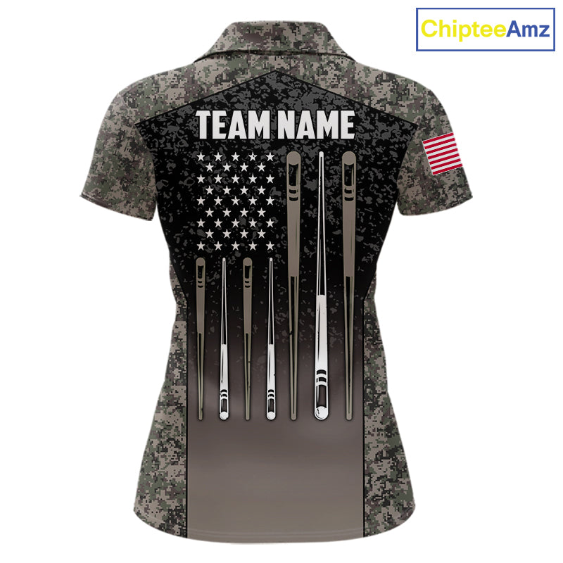 Custom Vintage Camo US Flag 8 Ball Pool Shirt, Billiard Team Jersey Polo & 1/4 Zip