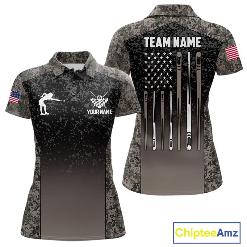 Custom Vintage Camo US Flag 8 Ball Pool Shirt, Billiard Team Jersey Polo & 1/4 Zip