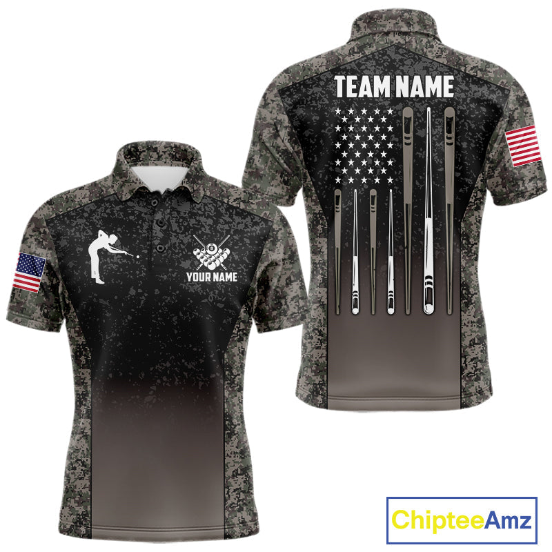 Custom Vintage Camo US Flag 8 Ball Pool Shirt, Billiard Team Jersey Polo & 1/4 Zip