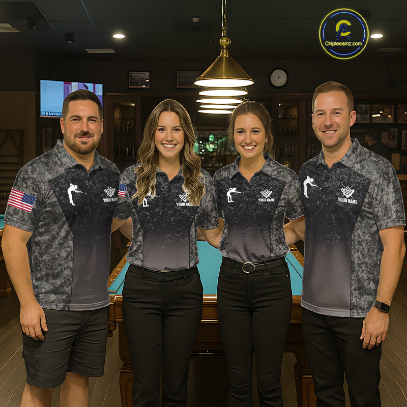 Custom Vintage Camo US Flag 8 Ball Pool Shirt, Billiard Team Jersey Polo & 1/4 Zip