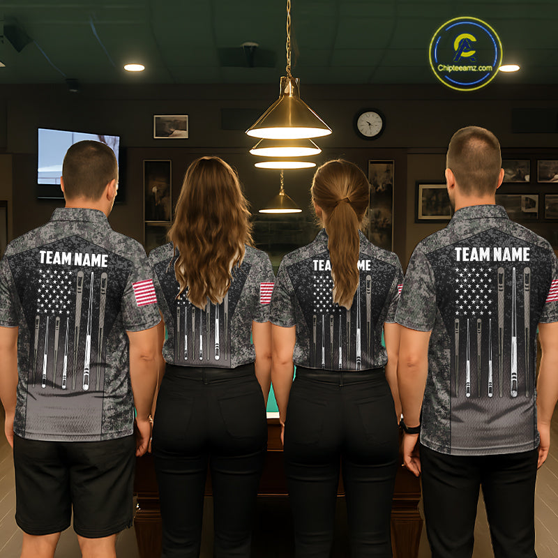Custom Vintage Camo US Flag 8 Ball Pool Shirt, Billiard Team Jersey Polo & 1/4 Zip