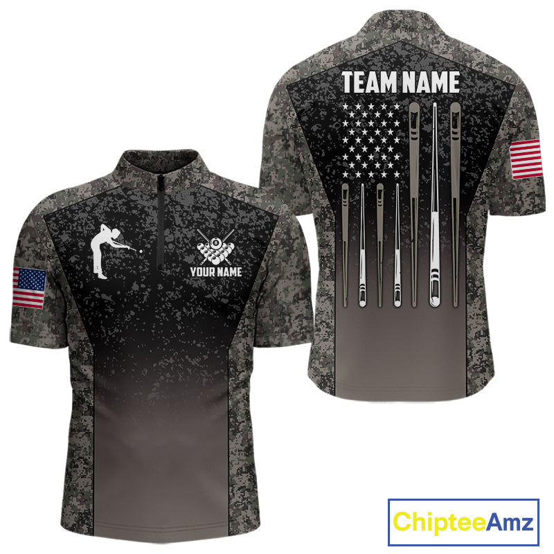Custom Vintage Camo US Flag 8 Ball Pool Shirt, Billiard Team Jersey Polo & 1/4 Zip