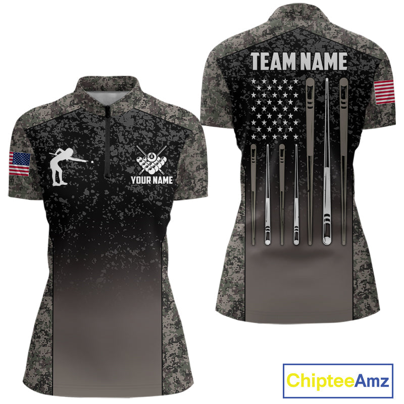 Custom Vintage Camo US Flag 8 Ball Pool Shirt, Billiard Team Jersey Polo & 1/4 Zip