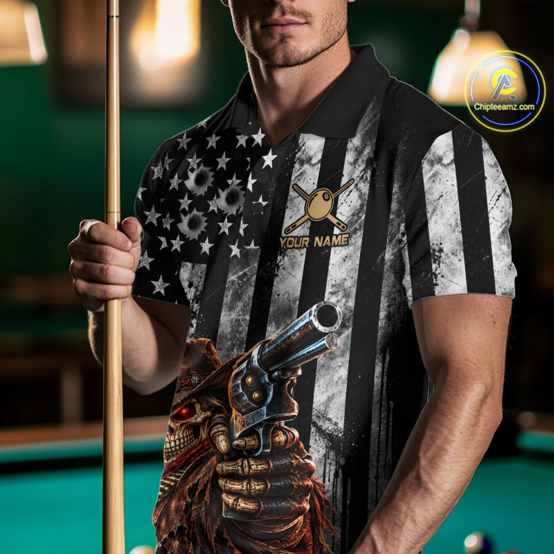 Gun Cowboy Skeleton 8 Ball Pool Billiard Shirt Retro Billiards 1/4-Zip Polo Jersey