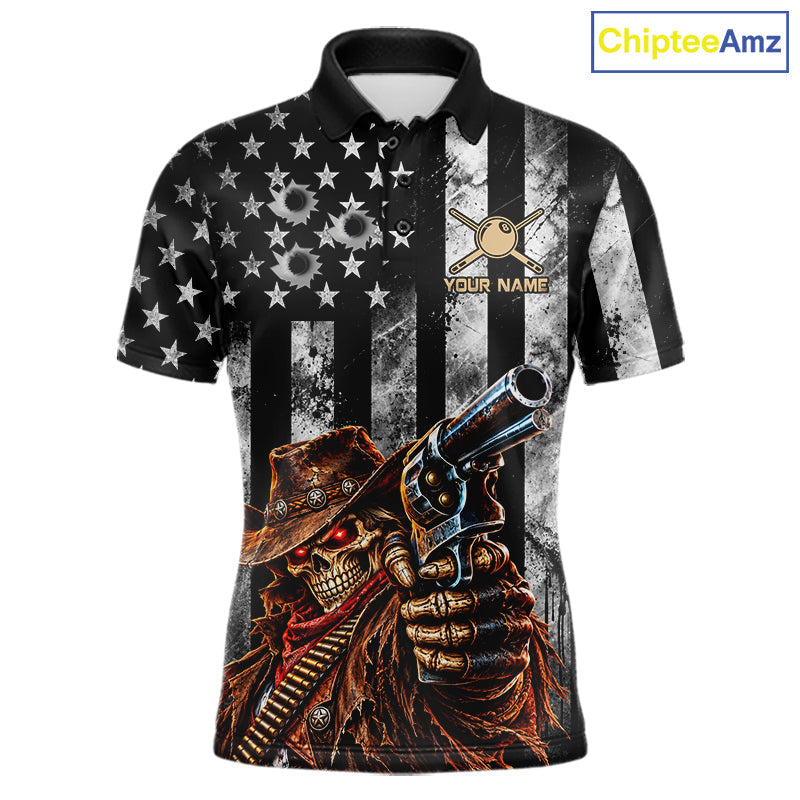 Gun Cowboy Skeleton 8 Ball Pool Billiard Shirt Retro Billiards 1/4-Zip Polo Jersey