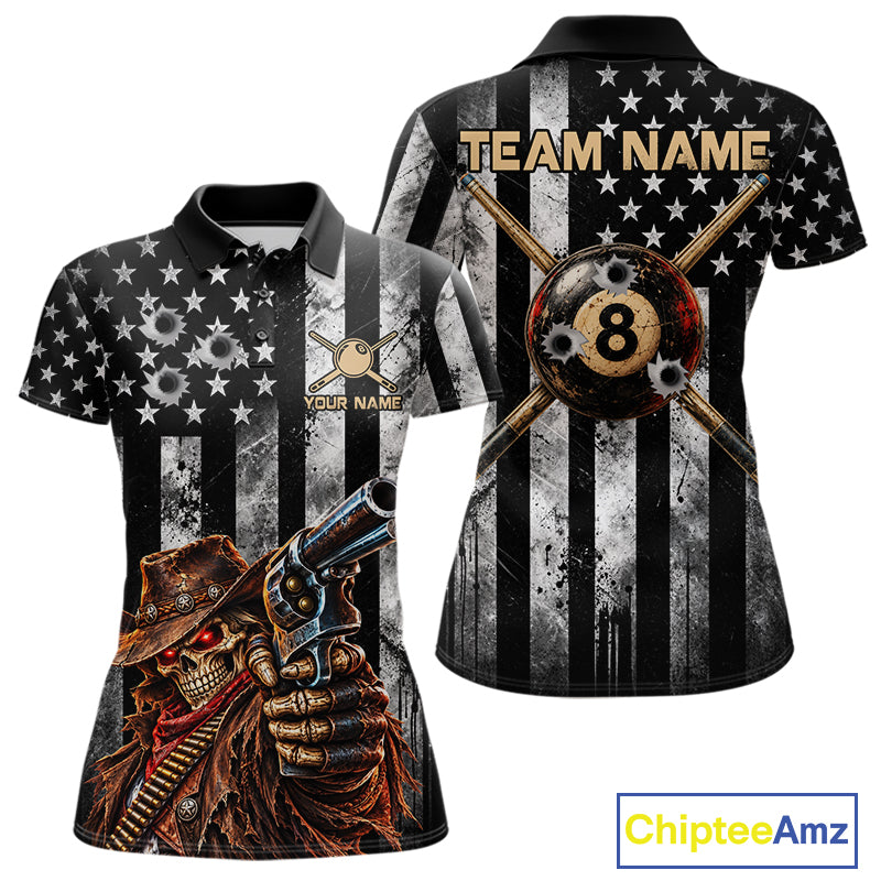Gun Cowboy Skeleton 8 Ball Pool Billiard Shirt Retro Billiards 1/4-Zip Polo Jersey