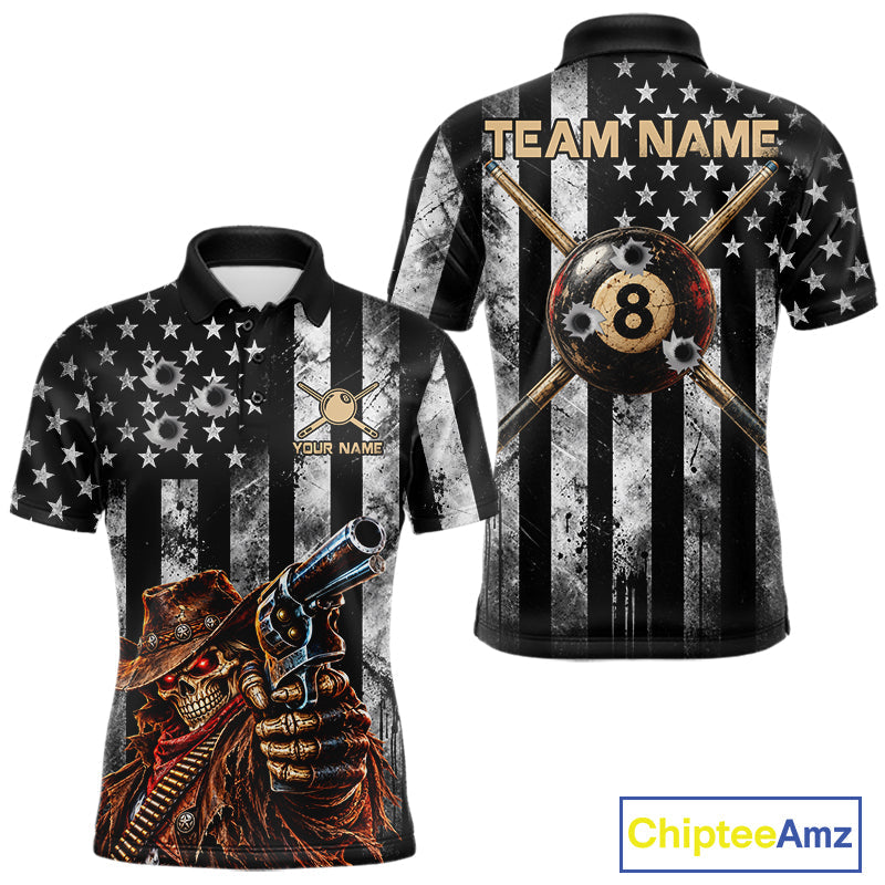 Gun Cowboy Skeleton 8 Ball Pool Billiard Shirt Retro Billiards 1/4-Zip Polo Jersey