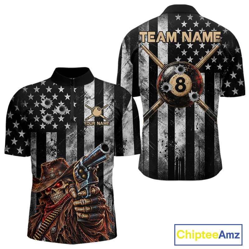 Gun Cowboy Skeleton 8 Ball Pool Billiard Shirt Retro Billiards 1/4-Zip Polo Jersey