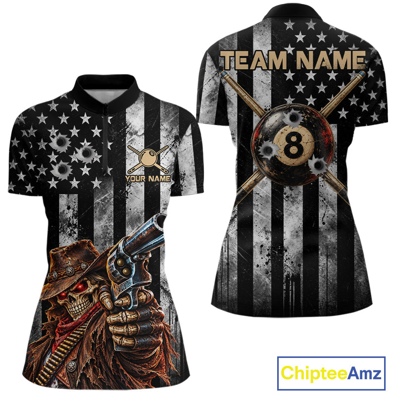 Gun Cowboy Skeleton 8 Ball Pool Billiard Shirt Retro Billiards 1/4-Zip Polo Jersey