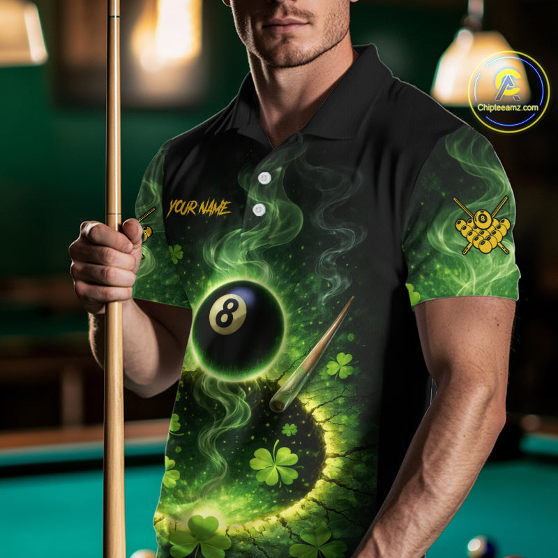 Personalized St Patrick Day Smoke 8 Ball Billiard Shirt, Luckiest Shamrock Pool Jersey