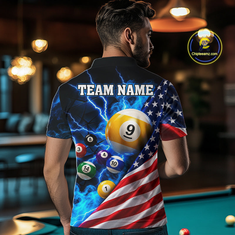 Blue Lightning Thunder American Flag Billiard Shirt Custom Pool Balls Billiard Team Jersey