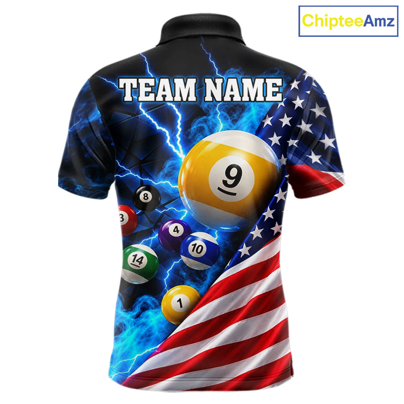 Blue Lightning Thunder American Flag Billiard Shirt Custom Pool Balls Billiard Team Jersey