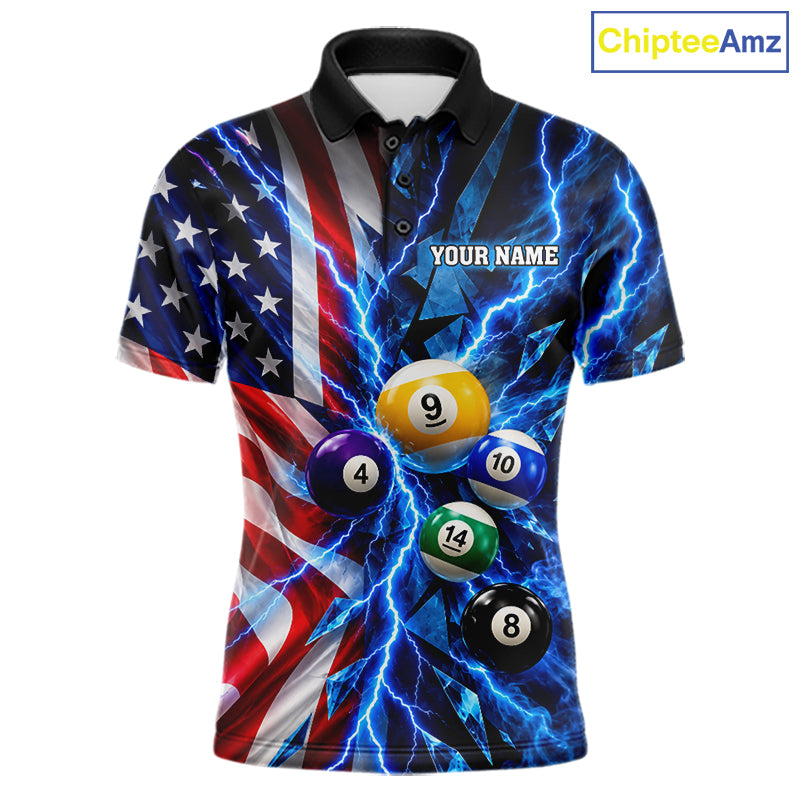 Blue Lightning Thunder American Flag Billiard Shirt Custom Pool Balls Billiard Team Jersey