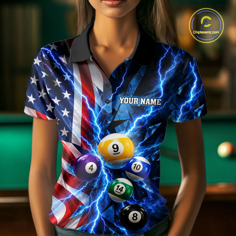 Blue Lightning Thunder American Flag Billiard Shirt Custom Pool Balls Billiard Team Jersey