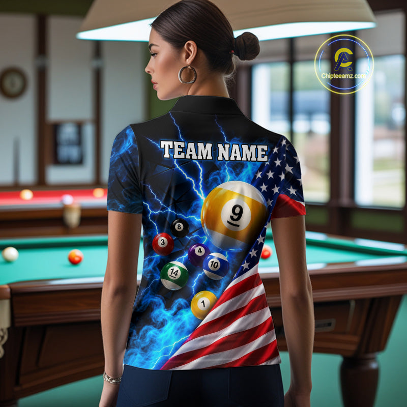 Blue Lightning Thunder American Flag Billiard Shirt Custom Pool Balls Billiard Team Jersey